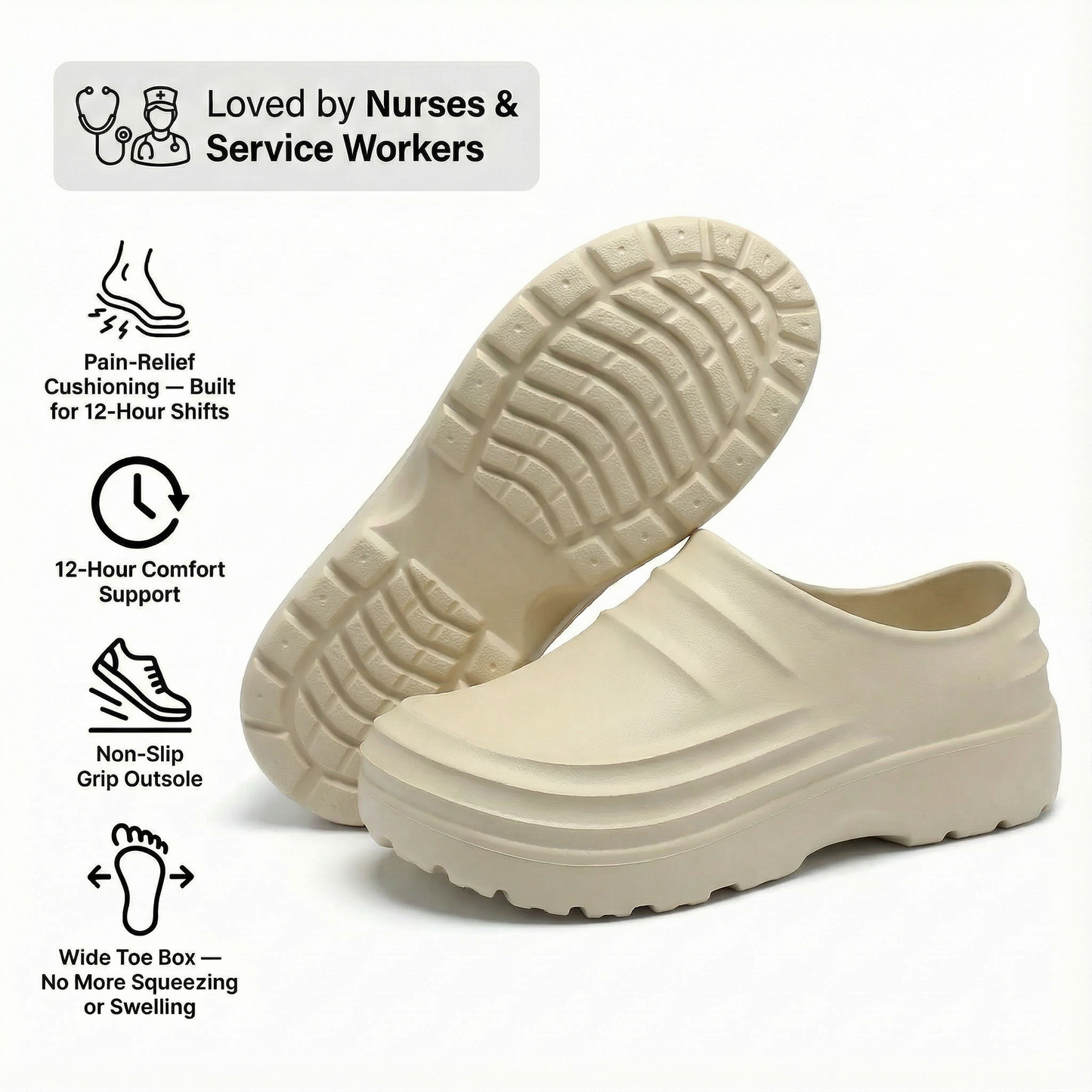 12-Hour Shift Clogs – Built-In Arch Support for Plantar Fasciitis, Wide Toe Box, Non-Slip