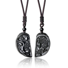 Halbes Herz Paar Halskette - Obsidian Drache & Phoenix Anhänger Set