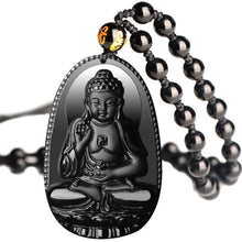 Schwarzer Obsidian Buddha Halskette - Schutz & Mut